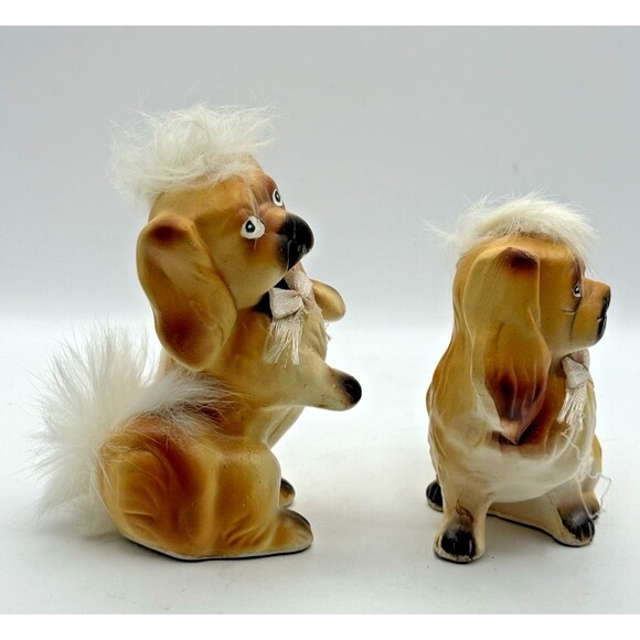 Vintage Pekingese Dog Figurines with Fur & Bow Made in Japan Set of 2 - Picture 2 of 12